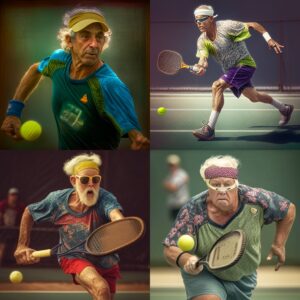 A collage of pictures of old men playing tennis.