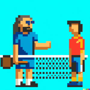 Pixel art of a man and a woman playing badminton.