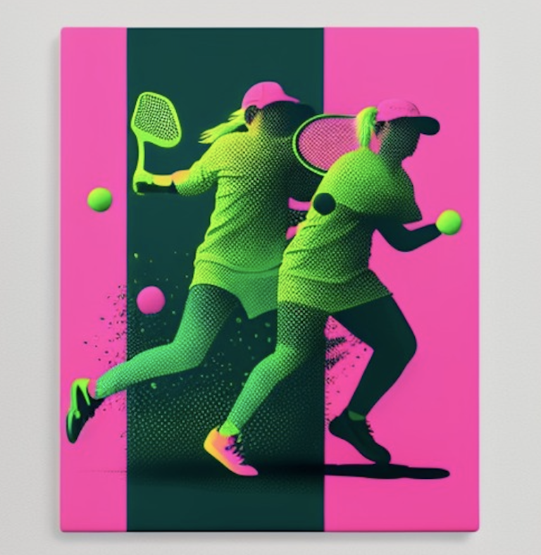 Two women playing tennis on a pink and green canvas.