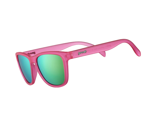 Hot pink Goodr sunglasses with greenish blue lenses