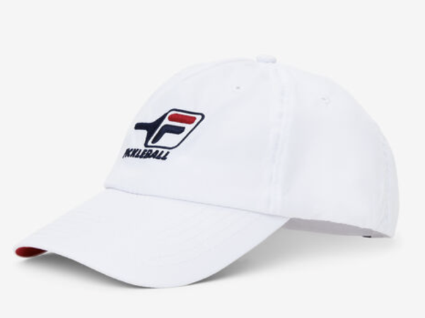 White pickleball hat with fila logo on the front