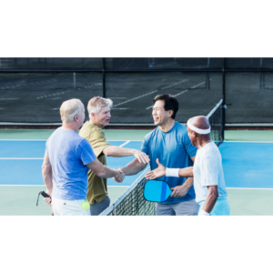 Male group of pickleball players paddle tapping at net for pickleball etiquette.